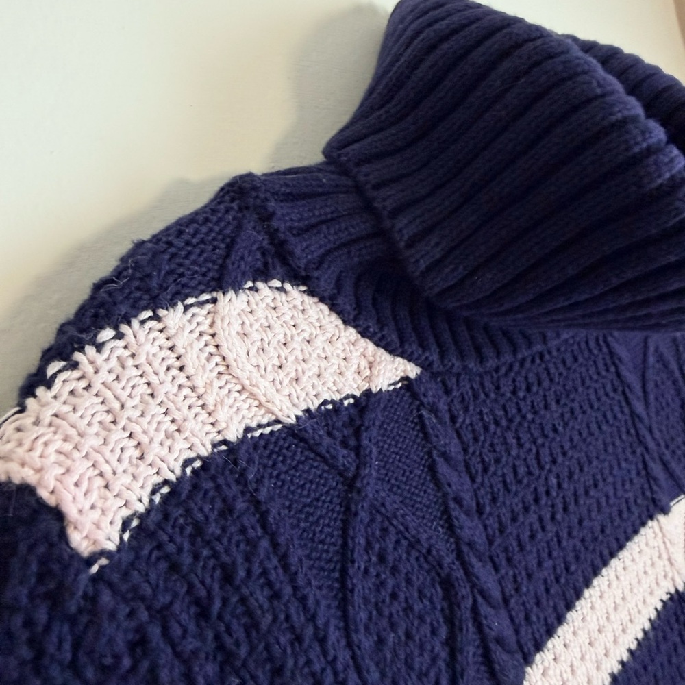 GAP Navy and Cream Striped Turtleneck Sweater with Various Cable Knit Design - Picture 4 of 15